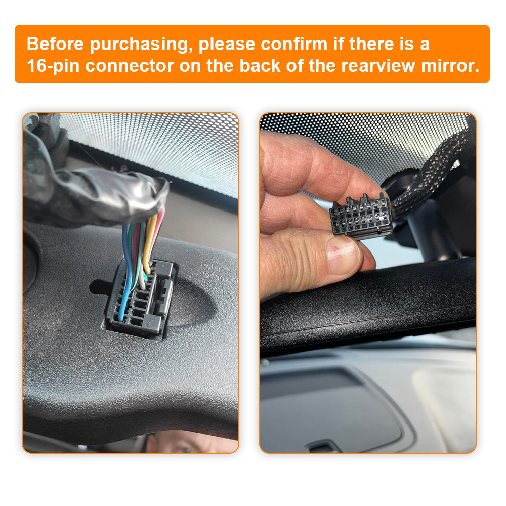 Two images showing a car rearview mirror with 16-pin connector