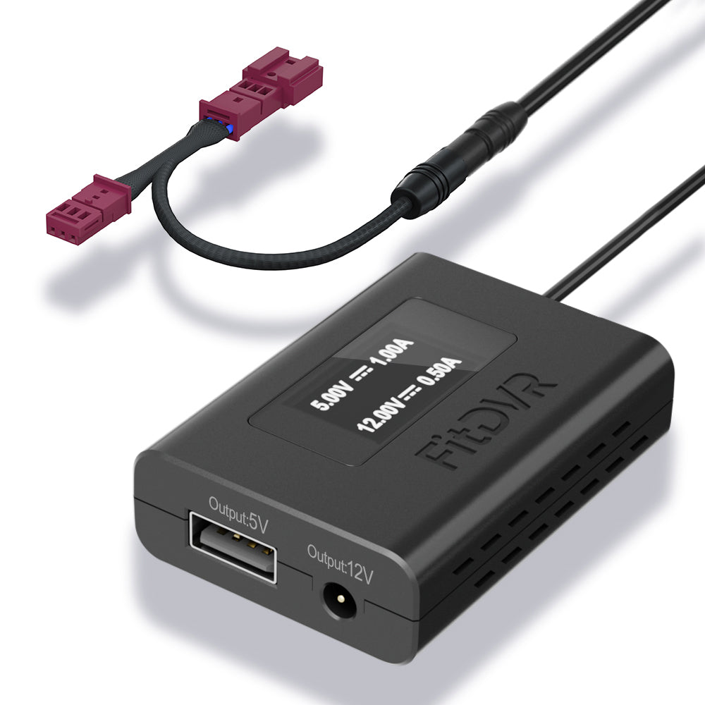 A black FitDVR dash cam power adapter with a 3-pin connector, two output ports alongside a DC 3.5mm and a USB connector.