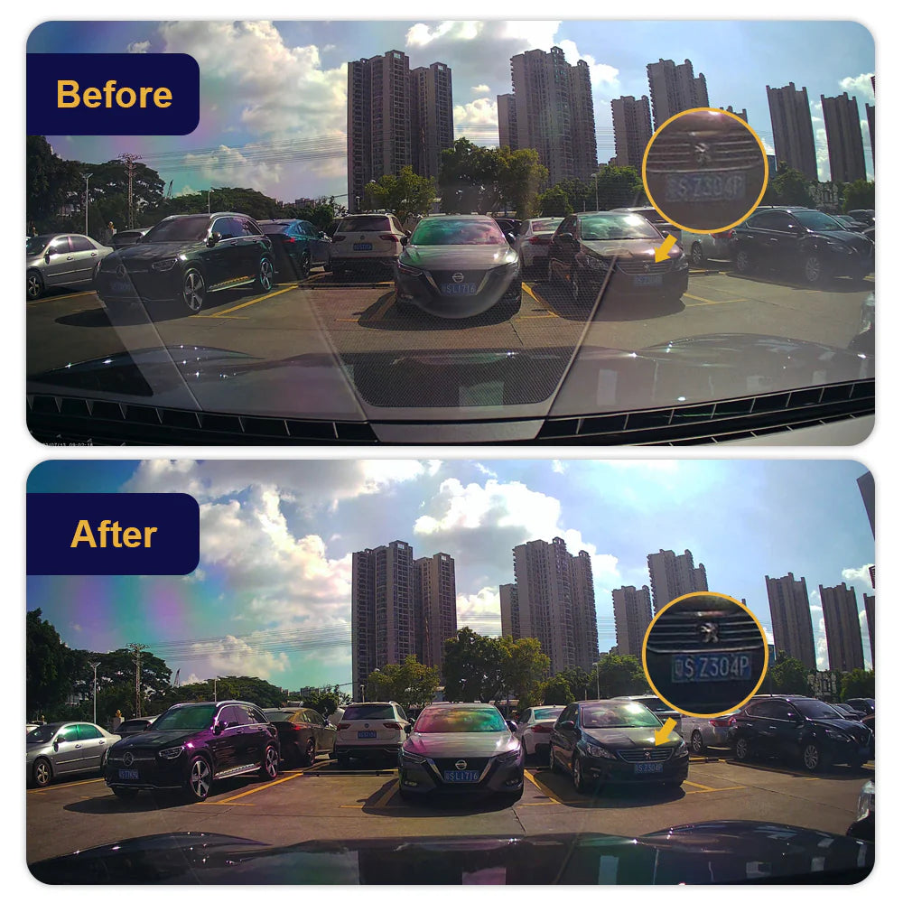 Before and after comparison of a car's rearview camera system with cityscape background.