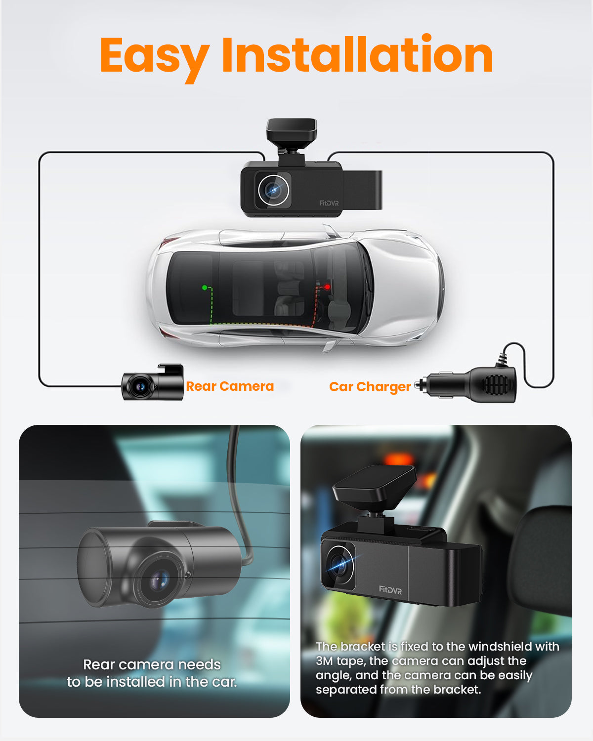 Its very easy to install FitDVR 3-channel dashcam, simply mounted to the windshield is okay.