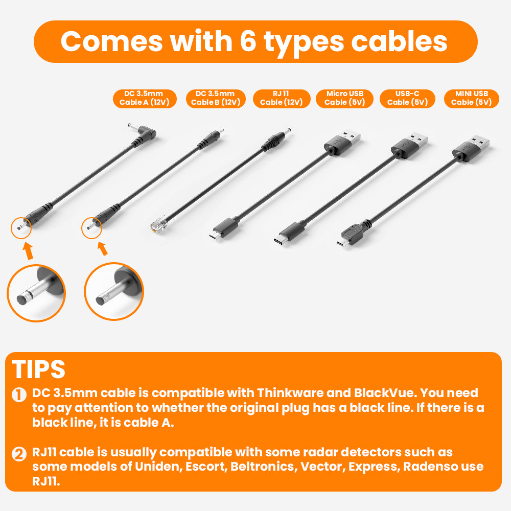 Set of 6 types of cables with compatibility tips on a white background