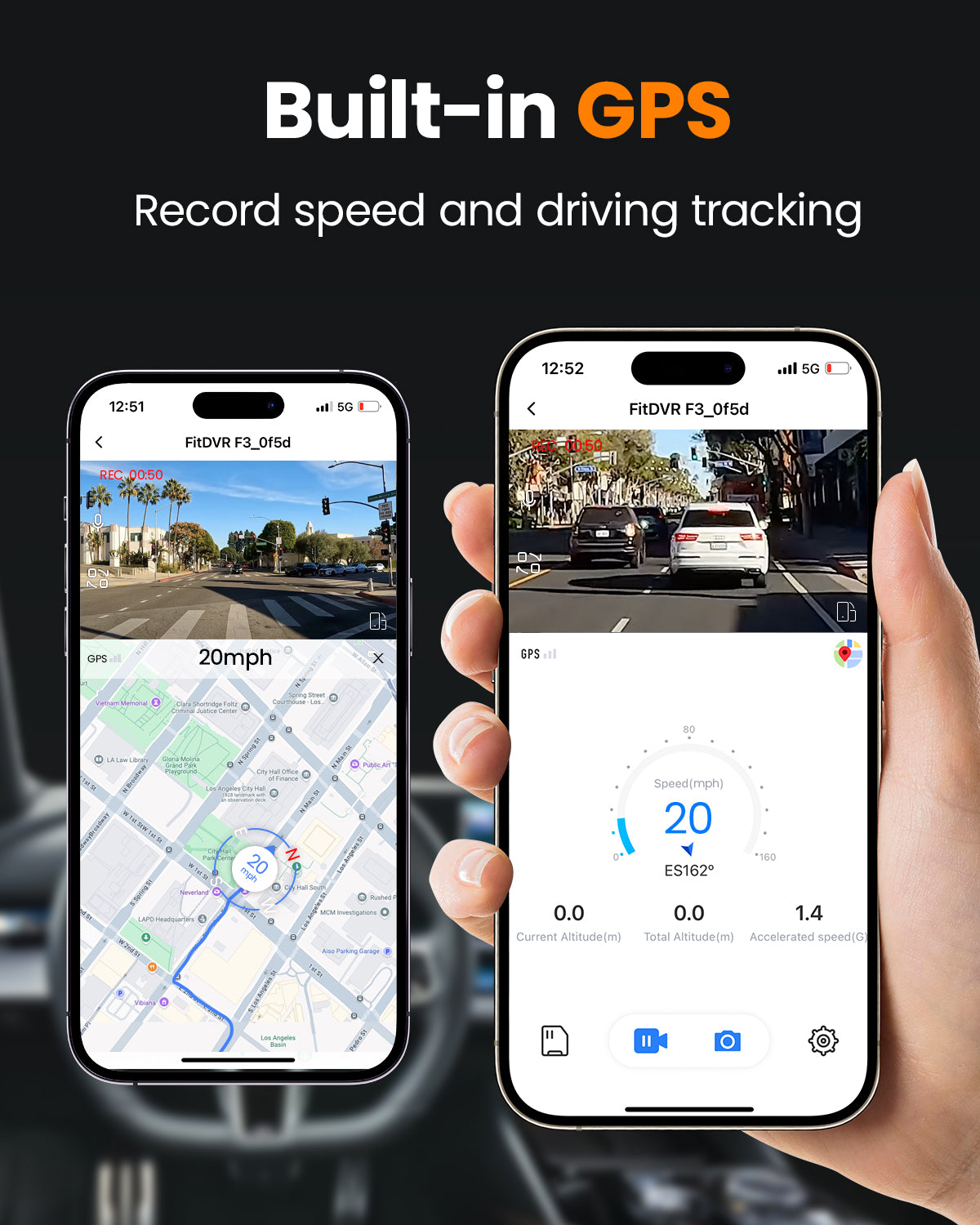 FitDVR 3 channel dashcam with Built-In GPS feature, can record speed and driving tracking.