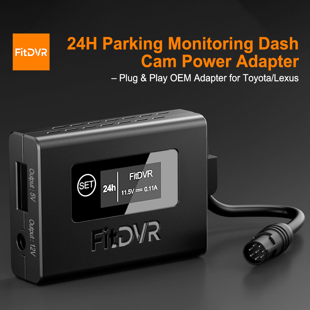 FitDVR 24H Parking Monitoring Dash Cam Power Adapter on a dark background