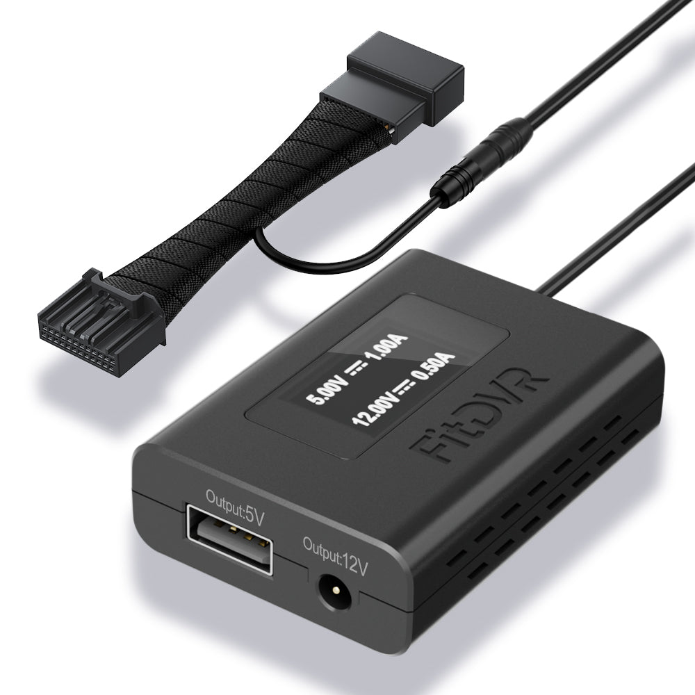 Black power adapter with multiple outputs on a white background