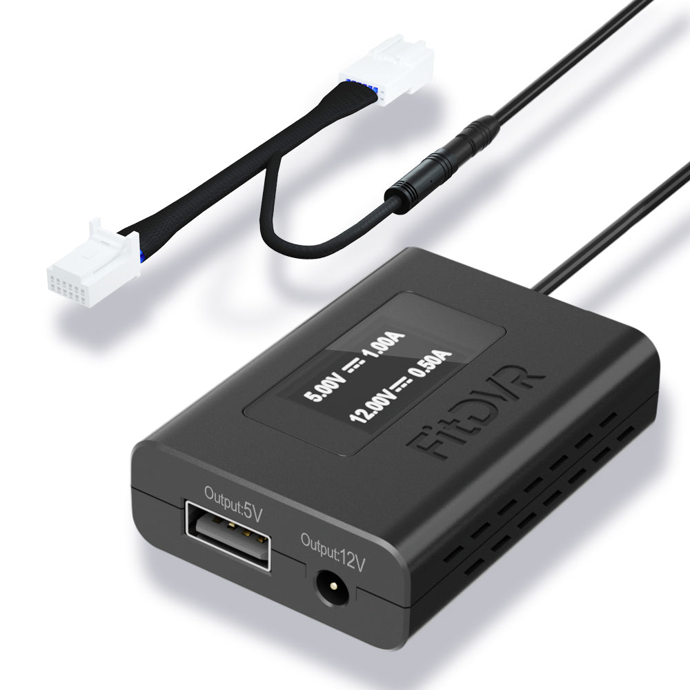 A black FitDVR dash cam power adapter with 12-pin Y cable harness, a USB port and a DC3.5mm port.