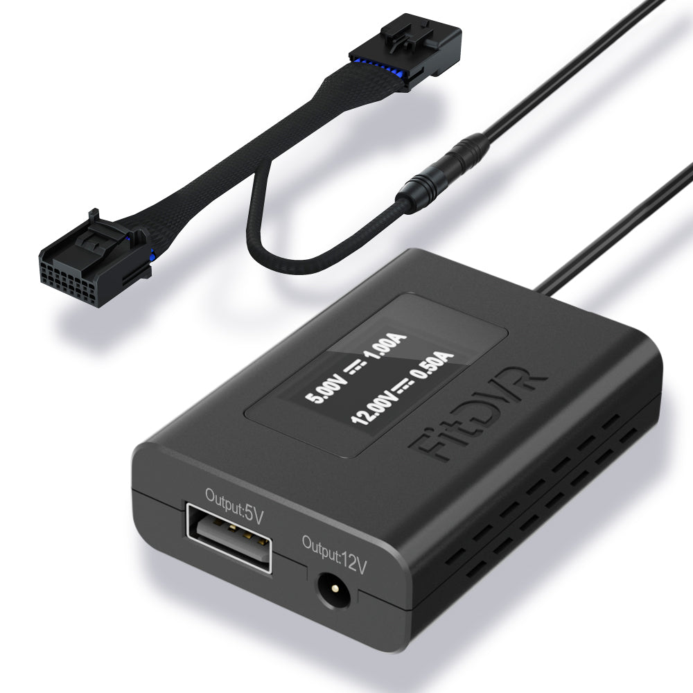 A black FitDVR dash cam power adapter with multiple cables, including a 16-pin connector for Toyota and Lexus vehicles.