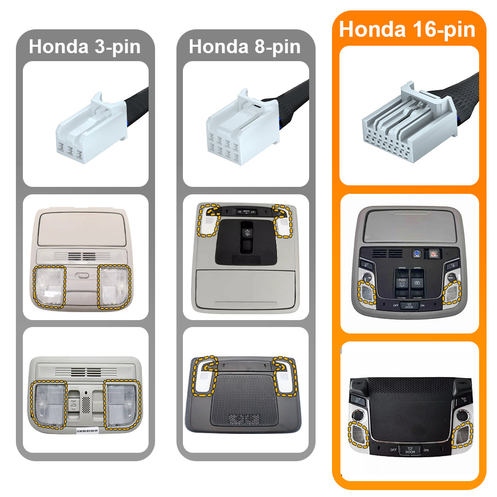 Dash Cam Power Adapter (16-Pin) for Honda, Connect to Overhead Console. D3-029