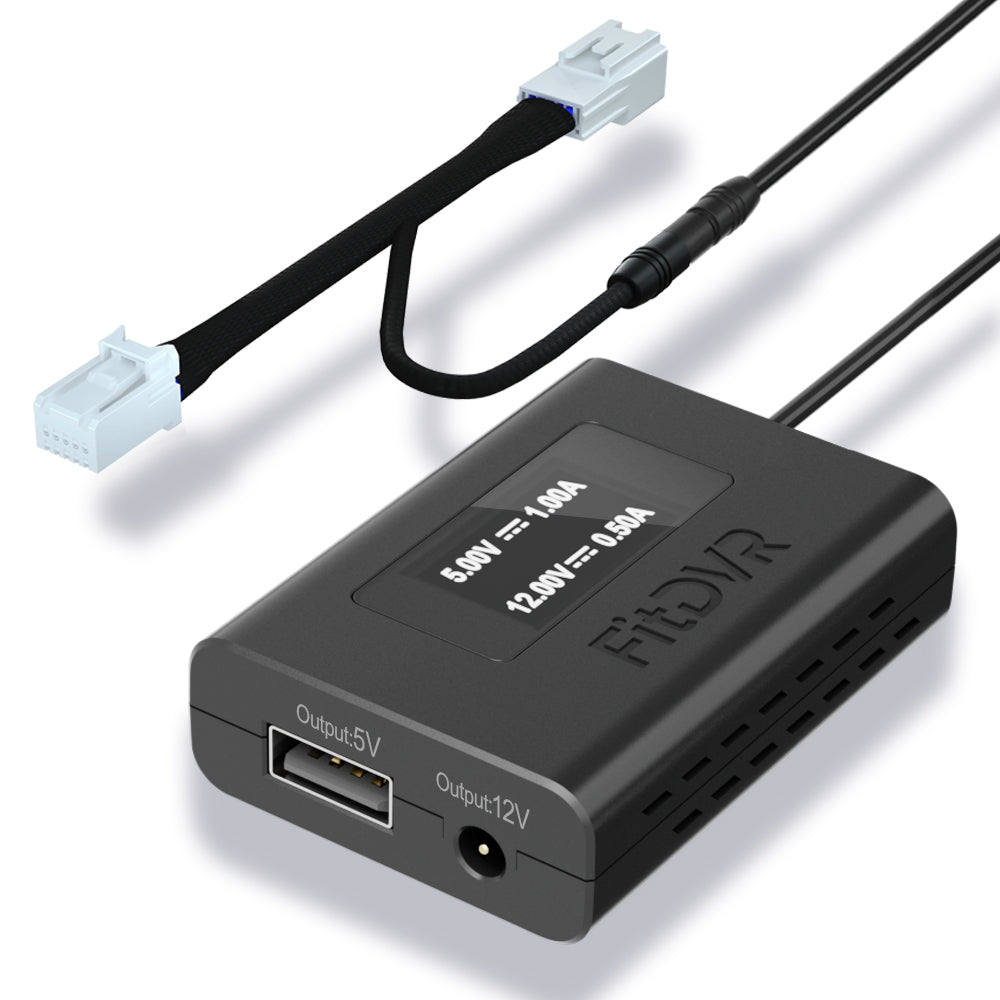 A black FitDVR dash cam power adapter with a 10-pin y cable harness and two connector ports, designed for use in Hyundai, Kia, and Genesis vehicles.
