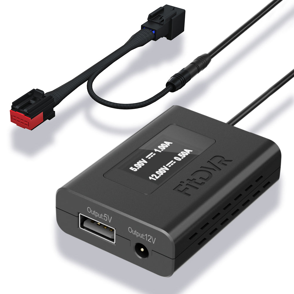 A black fitdvr dash cam power adapter for Land Rover, Jaguar vehicles with auto-dimming rearview mirror. The device has a USB and a 3.5mm DC output