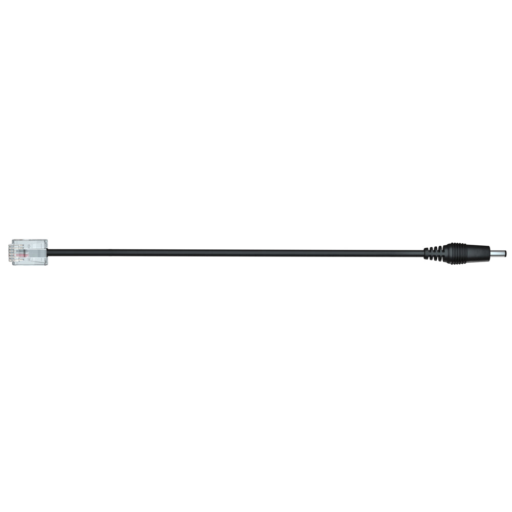 An RJ11 cable for radar detector, black in color with one end being an RJ11 connector and the other end a DC power input connector.