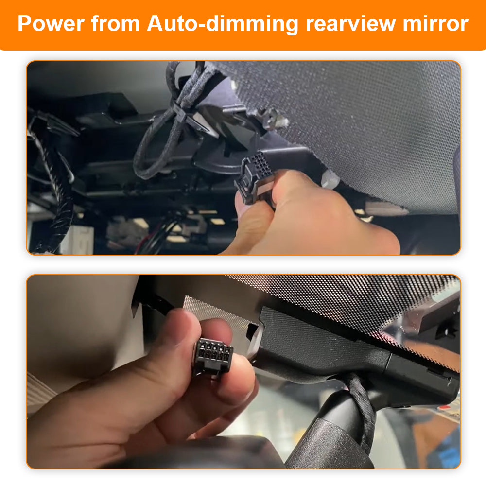 Step-by-step guide on connecting a car's auto-dimming rearview mirror with a hand holding a cable.