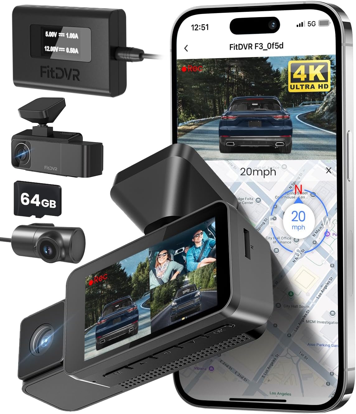 Complete Installation Kit: 4K 3-Channel Dash Cam + Power Adapter with Parking Mode Function