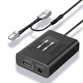 FitDVR Black electronic power adapter with cables on a white background