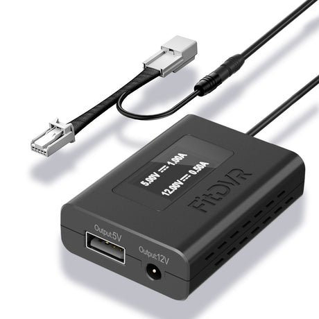 FitDVR Black electronic power adapter with cables on a white background