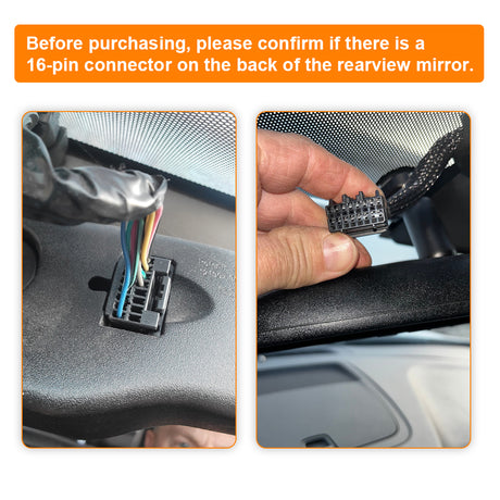 Two images showing a car rearview mirror with 16-pin connector