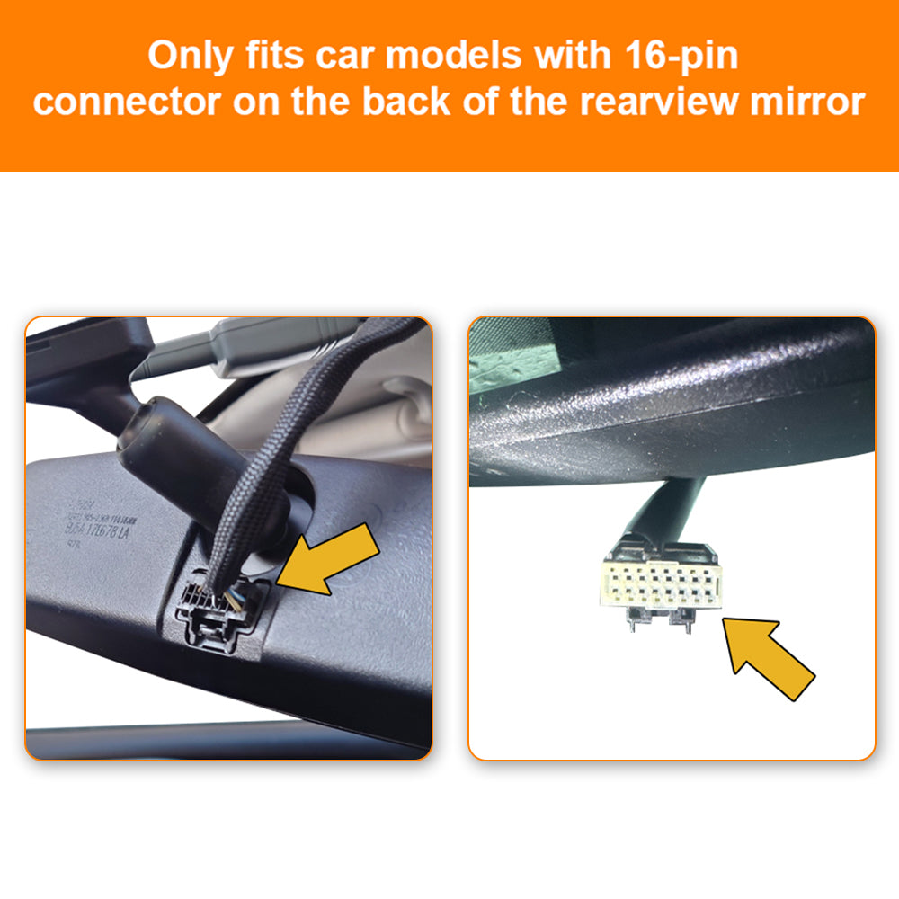 Car rearview mirror with 16-pin connector and text indicating compatibility.