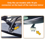 Car rearview mirror with 16-pin connector and text indicating compatibility.