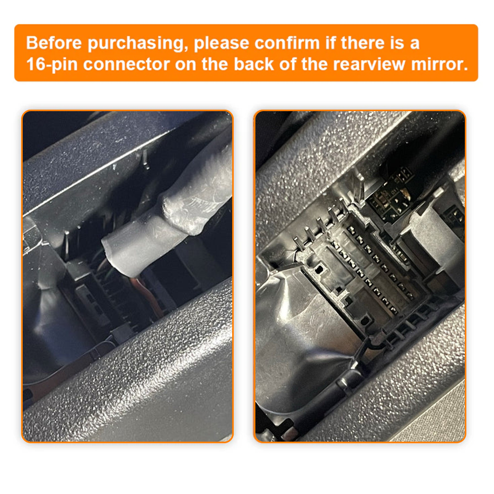 Close-up of a car rearview mirror with a 16-pin connector on a white background.