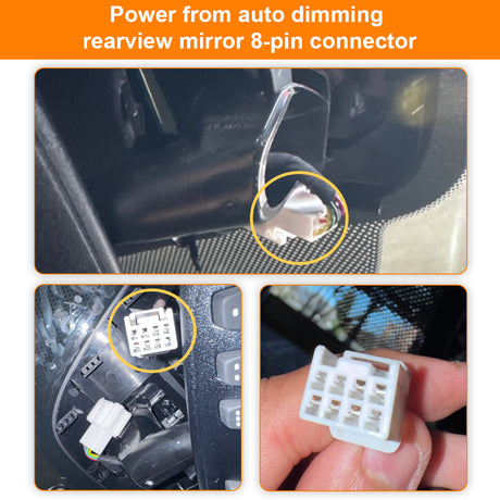 Collage of images showing an auto dimming rearview mirror 8-pin connector with close-ups and a hand holding the connector.