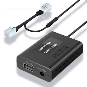A black fitdvr dash cam power adapter with cables for connecting to a vehicle's overhead console, featuring USB and DC3.5mm ports.