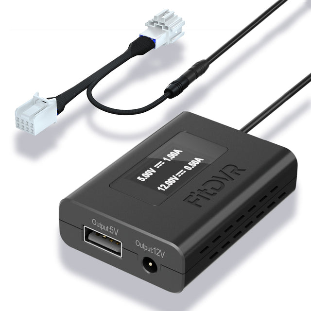 A black fitdvr dash cam power adapter with cables for connecting to a vehicle's overhead console, featuring USB and DC3.5mm ports.