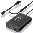 A black FitDVR dash cam power adapter with a 3-pin Y cable harness, and USB port and a 3.5mm DC port.