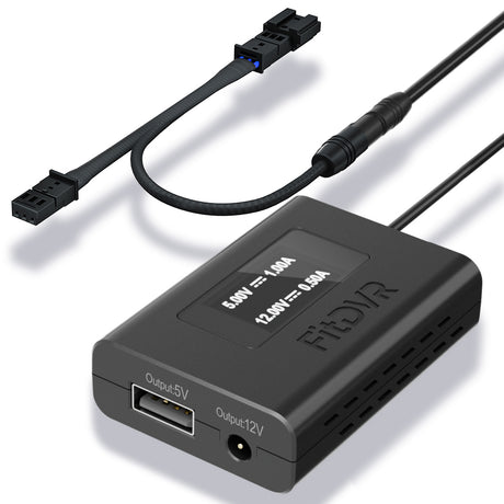 A black FitDVR dash cam power adapter with a 3-pin Y cable harness, and USB port and a 3.5mm DC port.