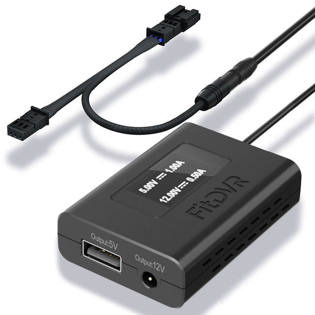A black FitDVR dash cam power adapter with a 3-pin Y cable harness, and USB port and a 3.5mm DC port.