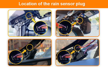 Instructions on locating a rain sensor plug with close-up views and arrows.