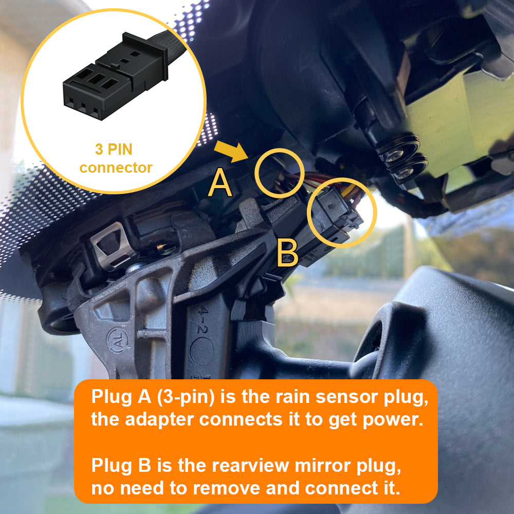 Car rain sensor and rearview mirror plug with labeled parts and text description.