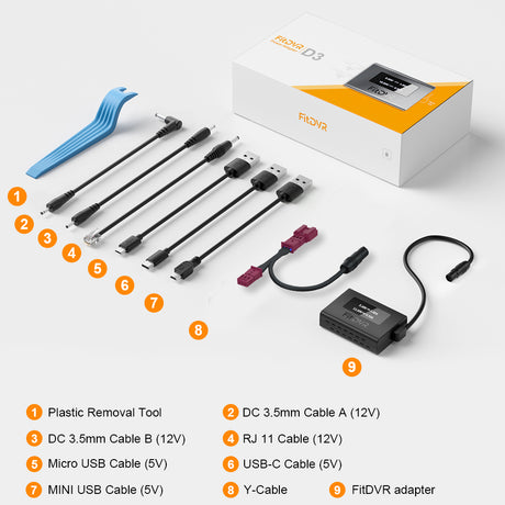 Set of cables and tools with a FitDVR adapter, including a plastic removal tool and various cable types, on a white background.