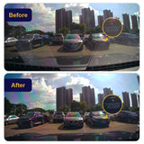 Before and after comparison of a car's rearview camera system with cityscape background.