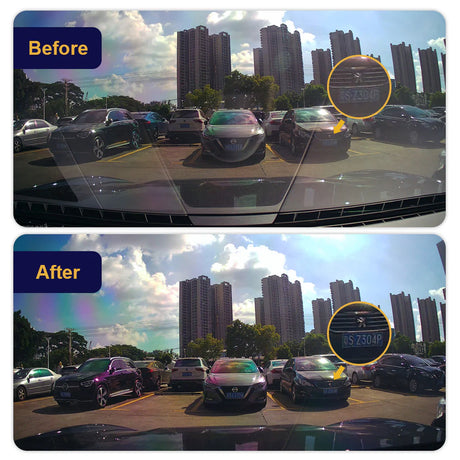 Before and after comparison of a car's rearview camera system with cityscape background.