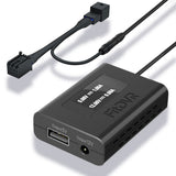 A black fitdvr dash cam power adapter with 10-pin Y cable harness,and a USB cable and a DC 3.5mm cable, for connecting to a vehicle's system.