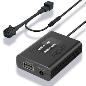 A black fitdvr dash cam power adapter with 10-pin Y cable harness,and a USB cable and a DC 3.5mm cable, for connecting to a vehicle's system.