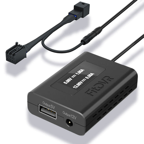 A black fitdvr dash cam power adapter with 10-pin Y cable harness,and a USB cable and a DC 3.5mm cable, for connecting to a vehicle's system.