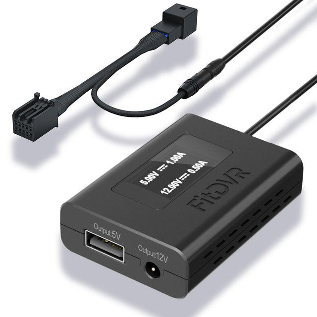 A black fitdvr dash cam power adapter with 10-pin Y cable harness,and a USB cable and a DC 3.5mm cable, for connecting to a vehicle's system.