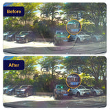 Before and after comparison of a car's windshield with a clear view enhancement.
