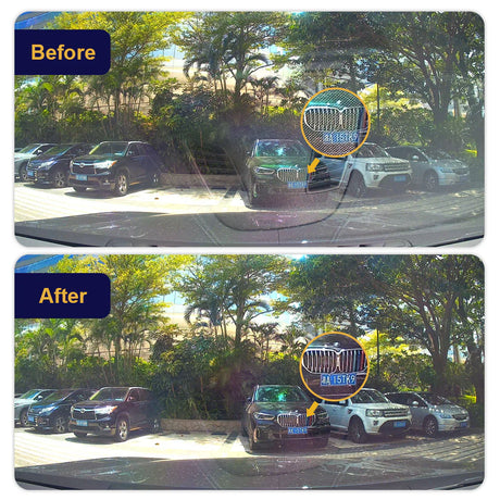 Before and after comparison of a car's windshield with a clear view enhancement.