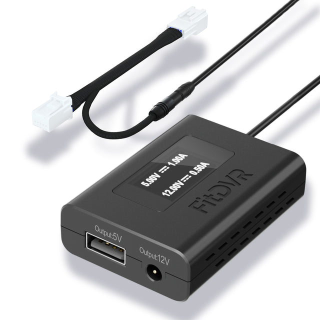 A black FitDVR dash cam power adapter with a 10-pin y cable harness and two connector ports, designed for use in Jeep, RAM and Dodge vehicles with auto-dimming rearview mirror.