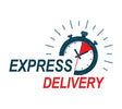A graphic indicating express delivery with a stylized clock icon and the words 'EXPRESS DELIVERY' in capital letters.