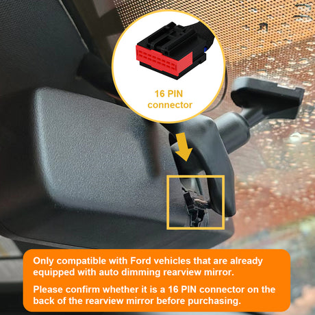 a 16-pin connector behind the auto-dimming rearview mirror of Ford models