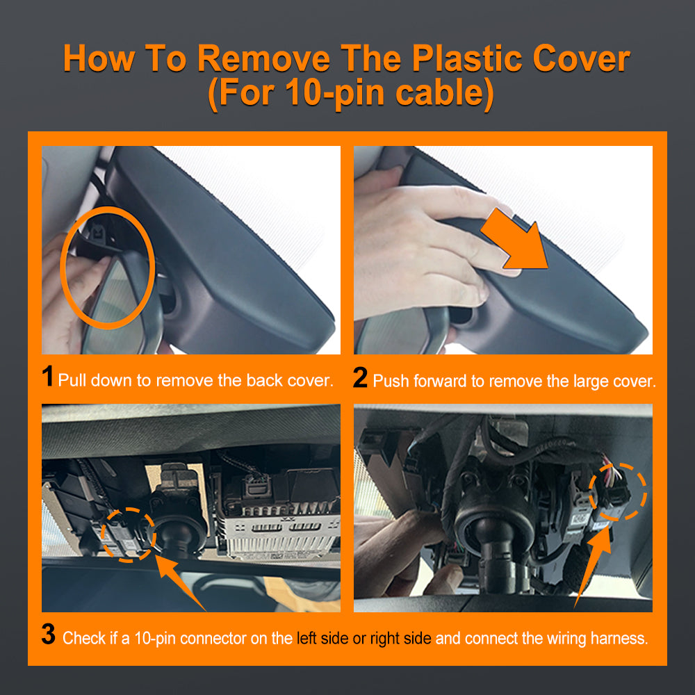 Step-by-step guide on how to remove a plastic cover for a 10-pin auto-dimming rearview mirror connector cable.