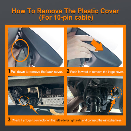 Step-by-step guide on how to remove a plastic cover for a 10-pin auto-dimming rearview mirror connector cable.