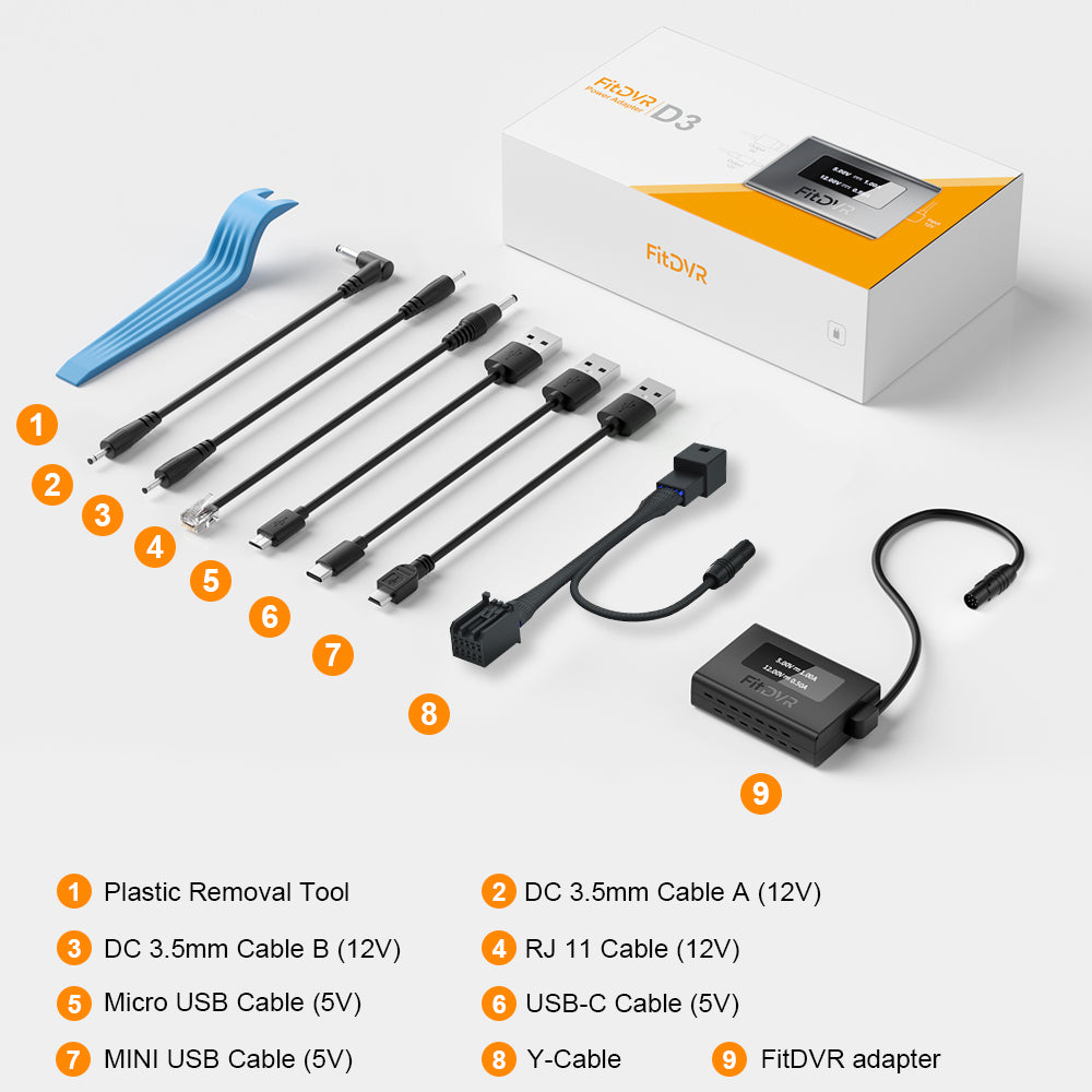 Set of cables and tools with a FitDVR adapter, including a plastic removal tool and various cable types, on a white background.