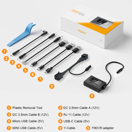 Set of cables and tools with a FitDVR adapter, including a plastic removal tool and various cable types, on a white background.