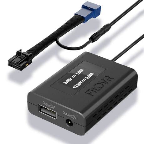 A black fitdvr dash cam power adapter with multiple cables, including a blue 12-pin connector for Hyundai, Kia, Genesis vehicles, and various output ports for USB and DC3.5mm cables.