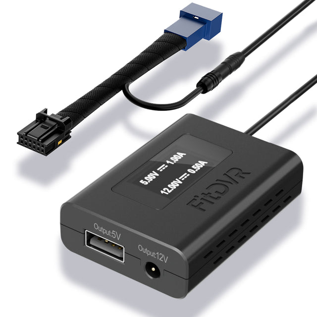 A black fitdvr dash cam power adapter with multiple cables, including a blue 12-pin connector for Hyundai, Kia, Genesis vehicles, and various output ports for USB and DC3.5mm cables.