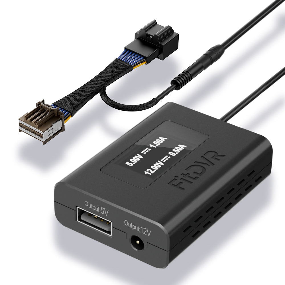 A black FitDVR dash cam power adapter with an LED display, multiple cables including a USB and a DC3.5mm, and a plastic tool for installation.