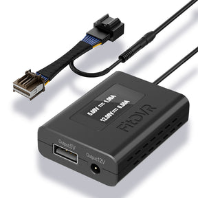 A black FitDVR dash cam power adapter with an LED display, multiple cables including a USB and a DC3.5mm, and a plastic tool for installation.